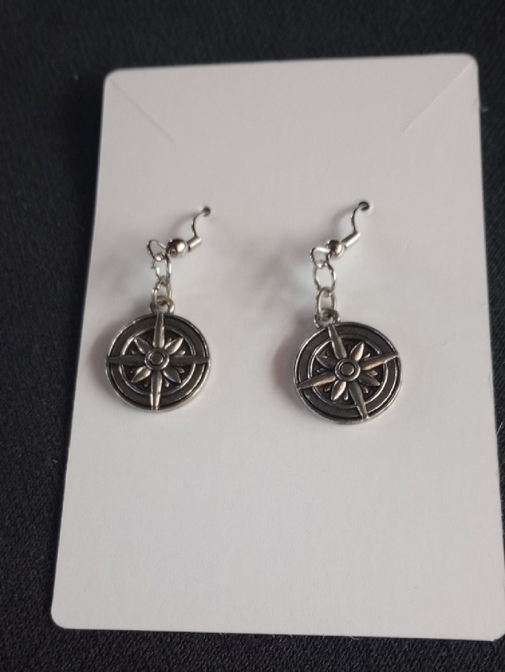 Hand Crafted Silver Compass Rose Dangle Earrings